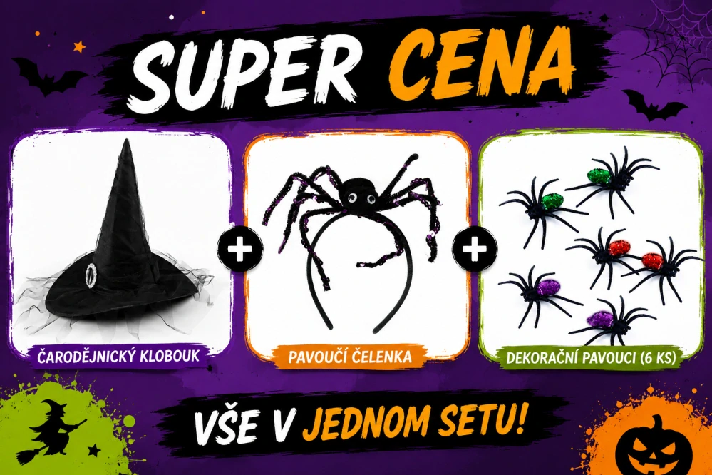 ZVÝHODNĚNÁ SADA ČARODĚJNICKÝ KLOBOUK,ČELENKA,DEKORACE PAVOUCI