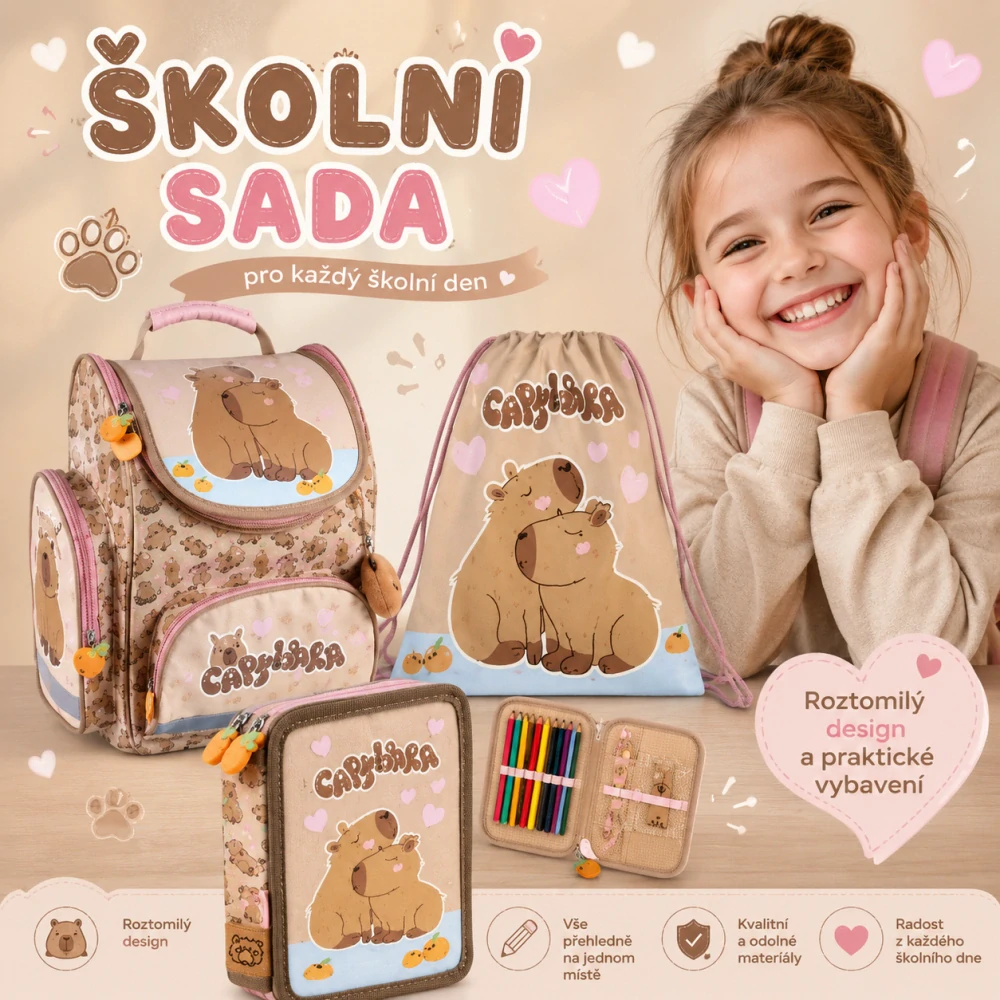 DERFORM ŠKOLNÍ SADA KAPYBARA 3 KS aktovka,sáček,dvoupatrový penál plněný