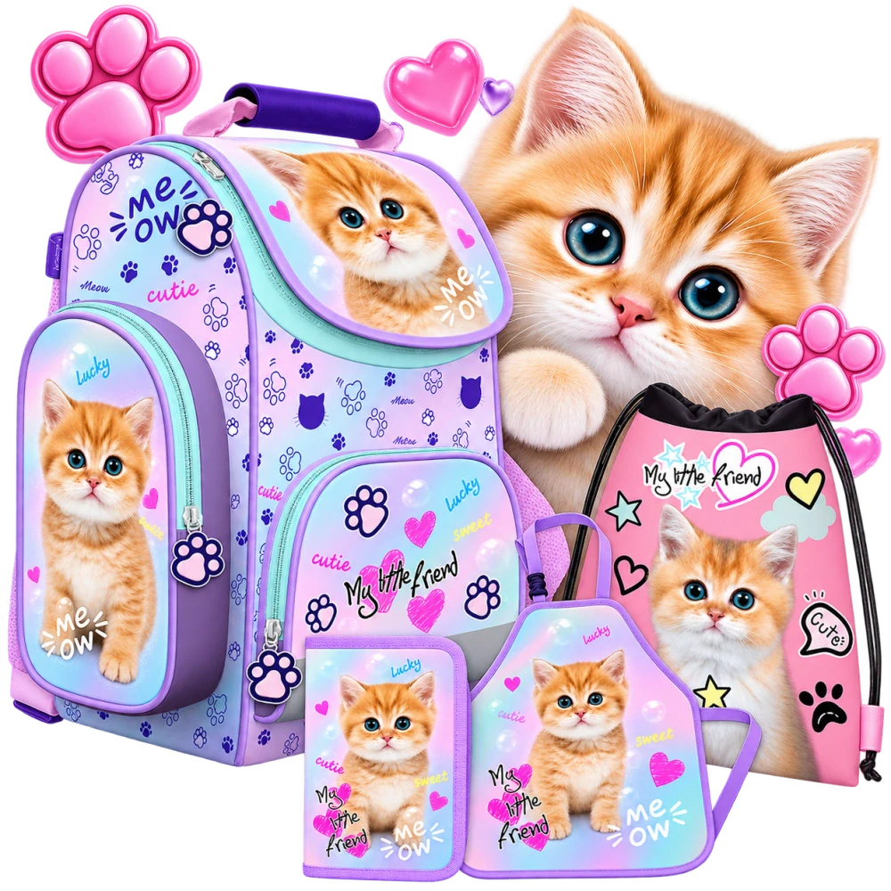 ZVÝHODNĚNÁ ŠKOLNÍ SADA PASTEL KITTY-aktovka,penál,sáček,zástěrka-vhodná pro prvňáčky
