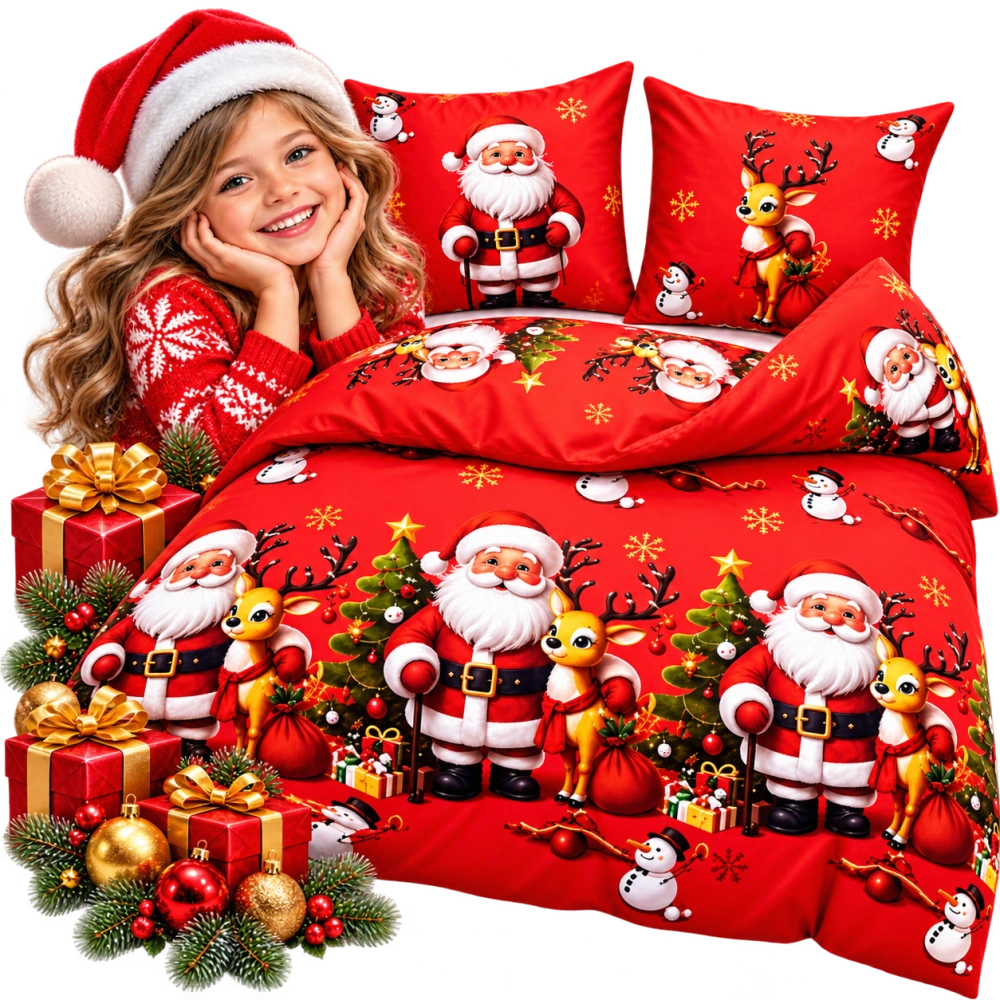 VÁNOČNÍ POVLEČENÍ 140x200+70x80 cm -Santa se sobem červené