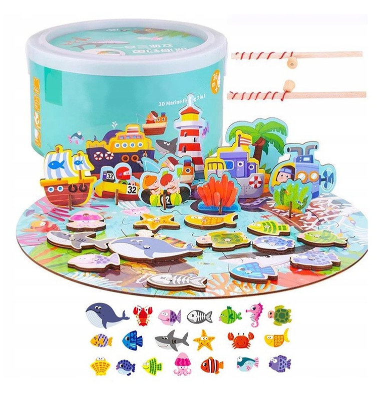 WOODEN TOYS CHYTÁNÍ RYBIČEK + PUZZLE V KRABIČCE