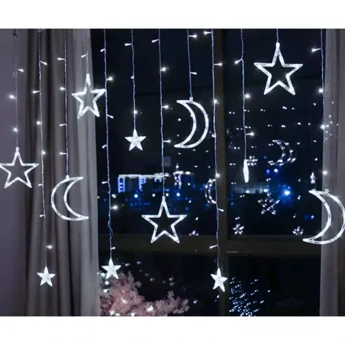 Iso světelný závěs, záclona měsíc a hvězdy studená bílá 136 LED