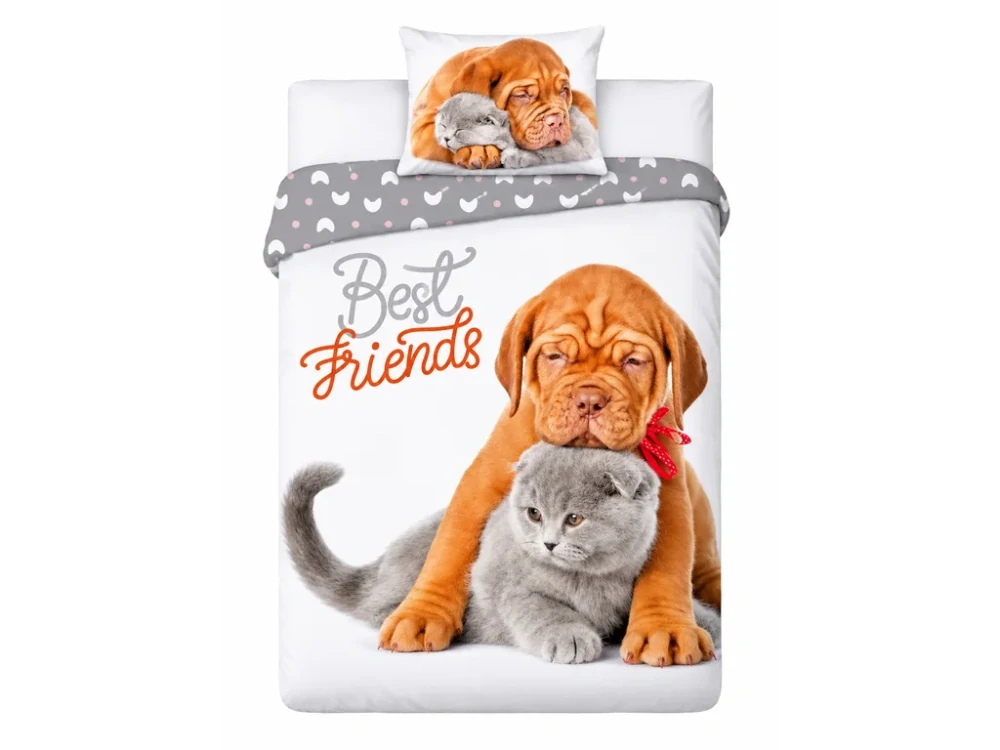 Bavlněné povlečení Best Friends Pejsek a kočička bílo-šedé – 140 × 200 cm
