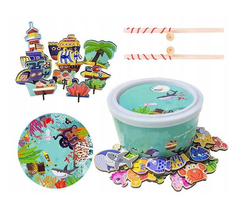 WOODEN TOYS CHYTÁNÍ RYBIČEK + PUZZLE V KRABIČCE