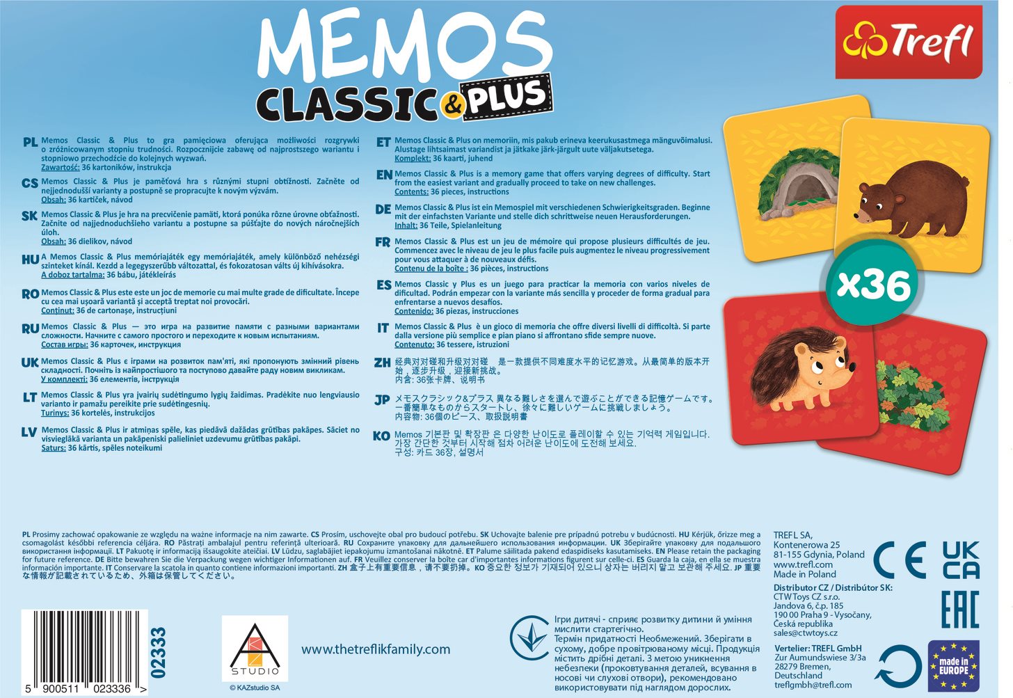 TREFL Pexeso Classic&Plus Zvířátka a jejich domečky 3v1