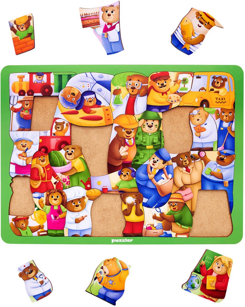 WOODLIKA Dřevěné puzzle Medvědi ve světě povolání 30 dílků