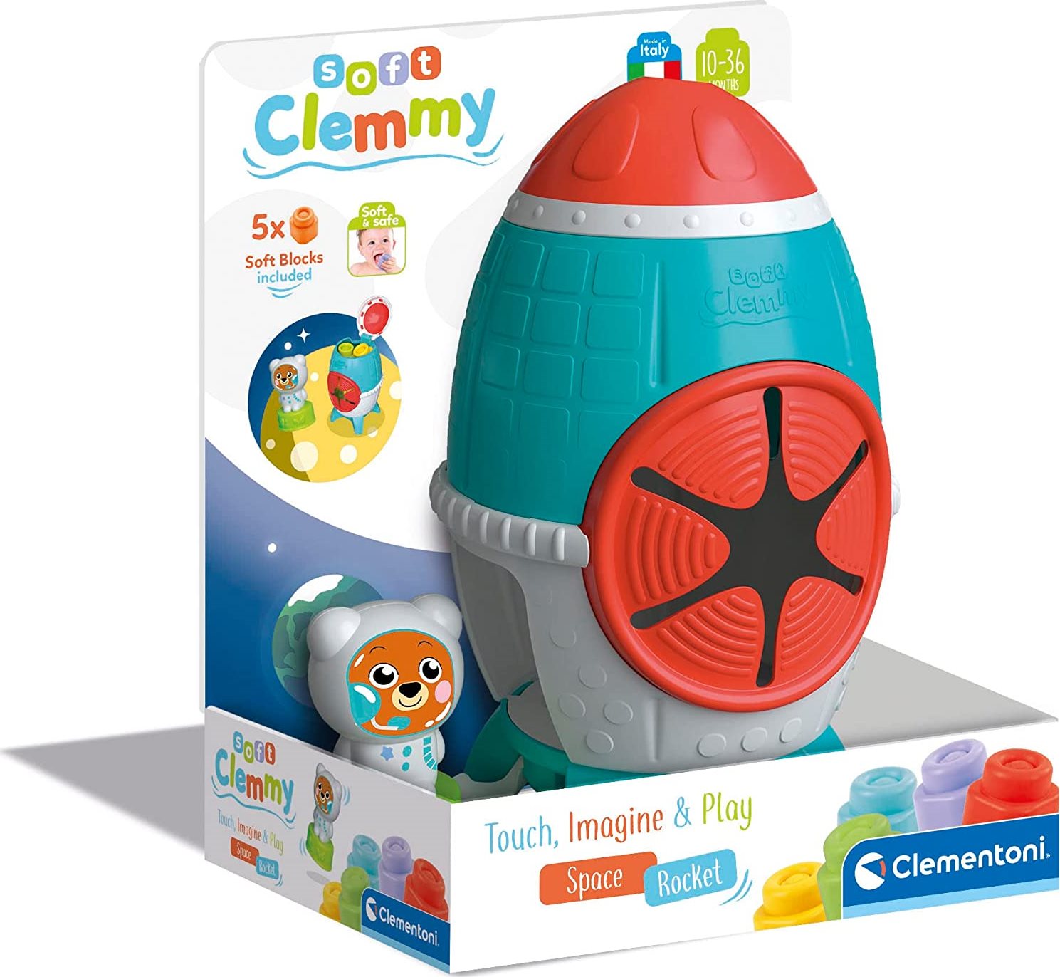 CLEMENTONI Soft Clemmy Senzorický box Vesmírná raketa s 5 kostkami