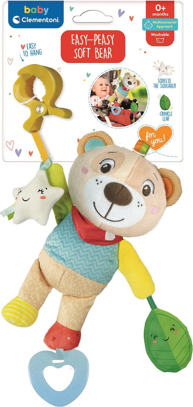 CLEMENTONI BABY Plyšový medvídek s klipem na zavěšení