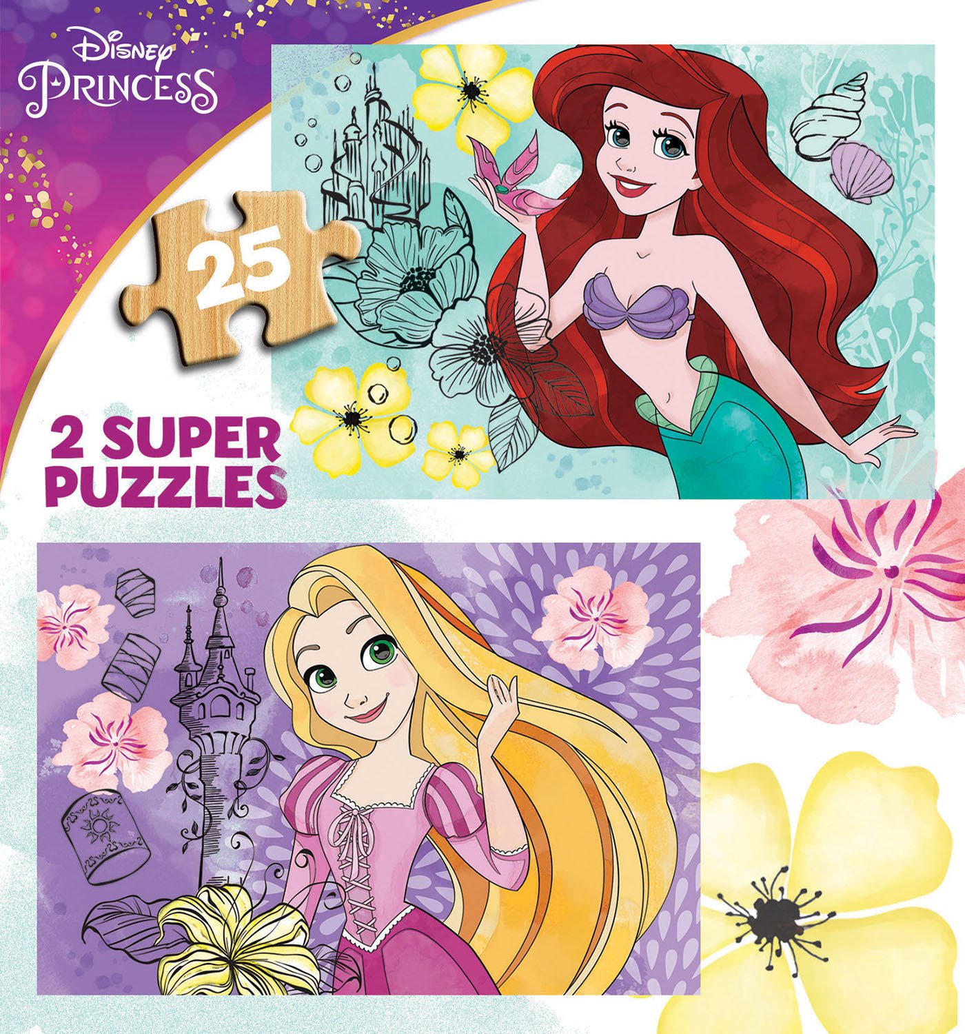 EDUCA Dřevěné puzzle Disney princezny: Locika a Ariel 2x25 dílků