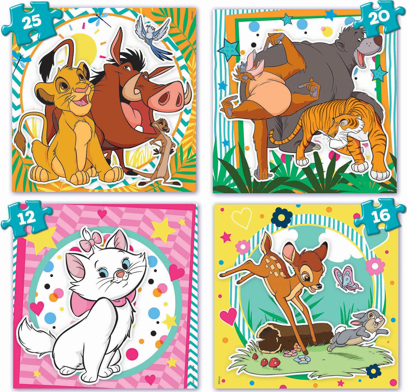 EDUCA Puzzle v kufříku Disney zvířátka 4v1 (12,16,20,25 dílků)