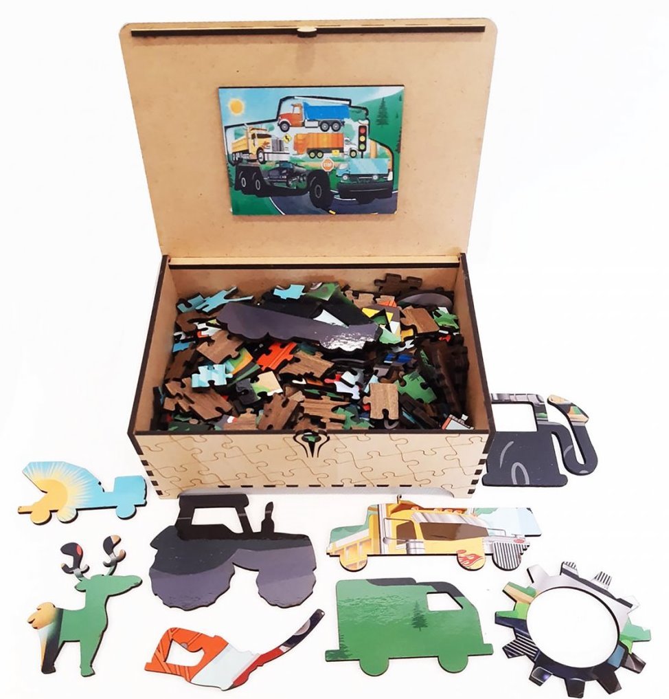 FA LIXEN Dřevěné puzzle Nákladní auta XL 389 dílků v dárkové krabičce