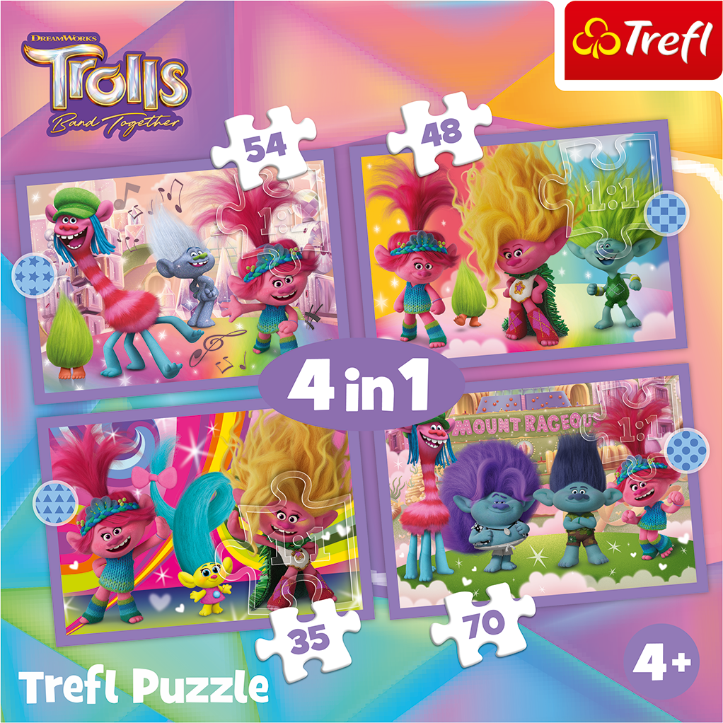 TREFL Puzzle Trollové 3: Barevné dobrodružství 4v1 (35,48,54,70 dílků)
