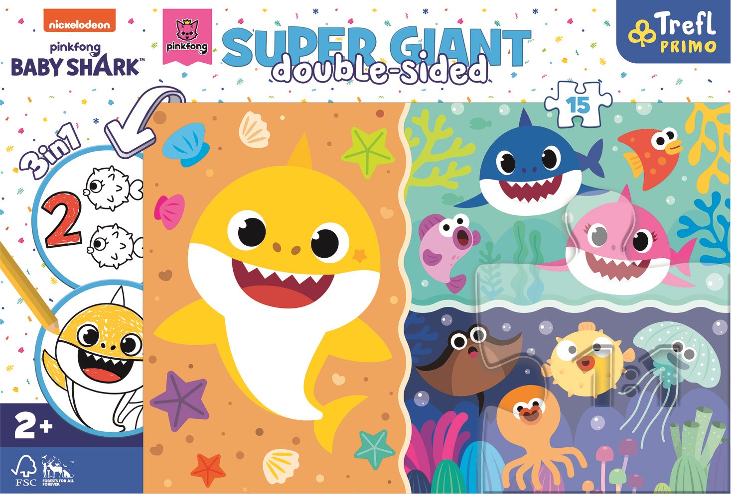 TREFL Oboustranné puzzle Baby Shark SUPER GIANT 15 dílků