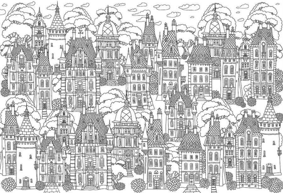 EUROGRAPHICS Color me puzzle Domy ve městě 300 dílků + sada na zavěšení