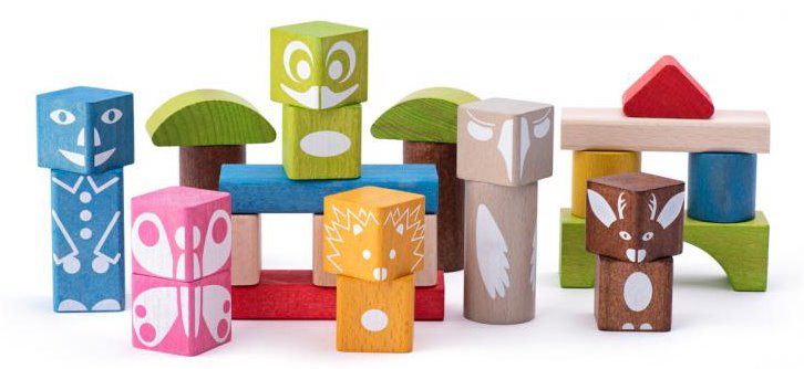 WOODY Kostky barevné se zvířecím potiskem, 26 kostek