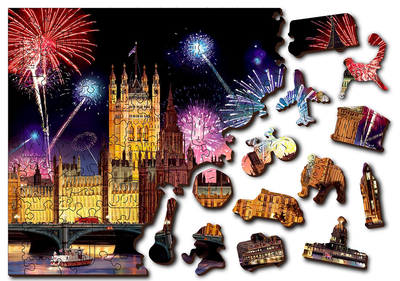 WOODEN CITY Dřevěné puzzle Noční Londýn 2v1, 75 dílků EKO
