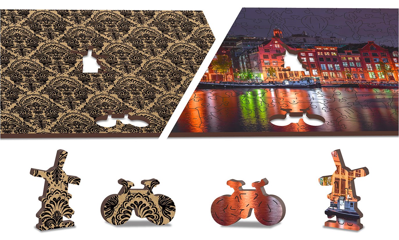WOODEN CITY Dřevěné puzzle Noční Amsterdam 2v1, 150 dílků EKO