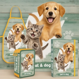 SADA CAT A DOG 4 KS TŘÍPATROVÝ PLNÝ PENÁL,ZÁSTĚRKA,DESKY NA SEŠITY A4+A5