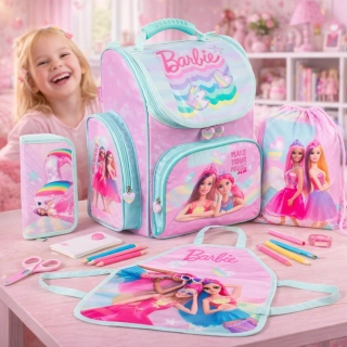 ZVÝHODNĚNÁ ŠKOLNÍ SADA 4KS BARBIE-aktovka,penál,sáček,zástěrka
