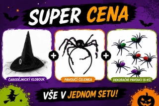 ZVÝHODNĚNÁ SADA ČARODĚJNICKÝ KLOBOUK,ČELENKA,DEKORACE PAVOUCI