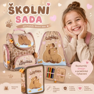 DERFORM ŠKOLNÍ SADA KAPYBARA 3 KS aktovka,sáček,dvoupatrový penál plněný