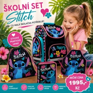 ZVÝHODNĚNÁ ŠKOLNÍ SADA LILO A STITCH 4KS-aktovka,penál,sáček,zástěrka vhodná pro prvňáčky
