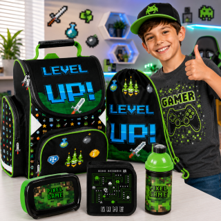 PASO ZVÝHODNĚNÁ ŠKOLNÍ SADA LEVEL UP 5KS-aktovka,penál,sáček,box,lahev