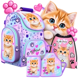 ZVÝHODNĚNÁ ŠKOLNÍ SADA PASTEL KITTY-aktovka,penál,sáček,zástěrka-vhodná pro prvňáčky