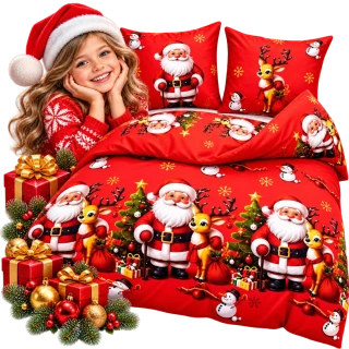 VÁNOČNÍ POVLEČENÍ 140x200+70x80 cm -Santa se sobem červené