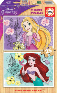 EDUCA Dřevěné puzzle Disney princezny: Locika a Ariel 2x25 dílků