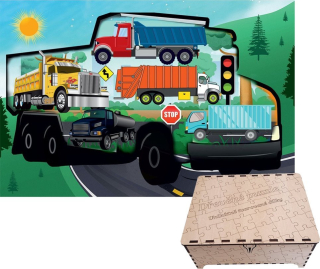 FA LIXEN Dřevěné puzzle Nákladní auta XL 389 dílků v dárkové krabičce