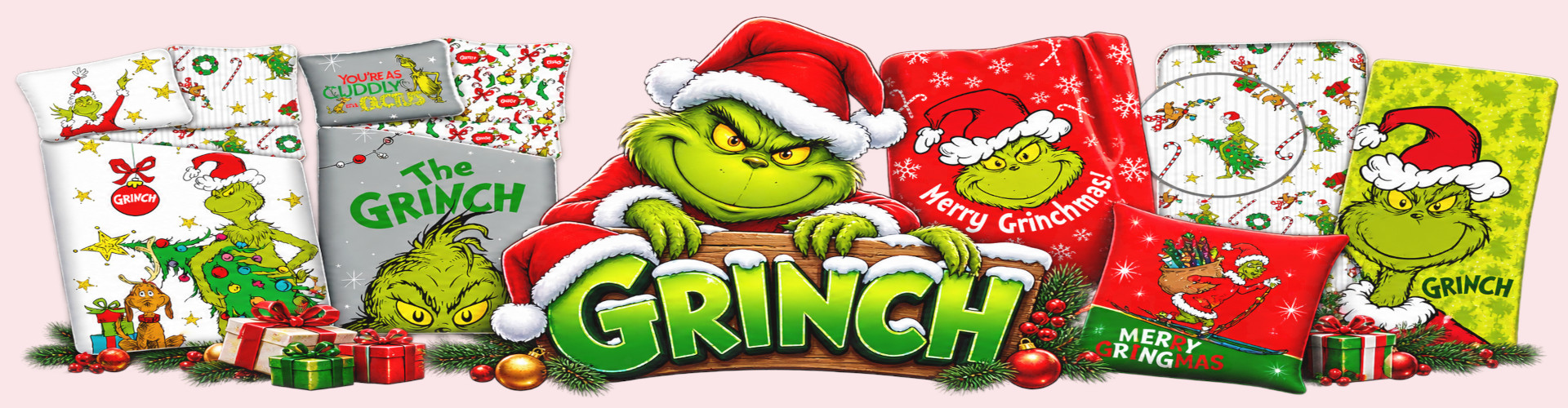 Vánoční povlečení, polštářky a deky s motivem Grinch – vánoční bytový textil pro děti | Obchůdek Rozárka