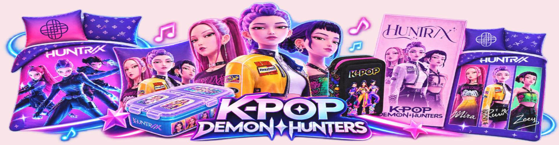 K-POP Demon Hunters – dětské povlečení, polštářky, školní penály, svačinové boxy a doplňky s motivem Huntrix | Obchůdek Rozárka